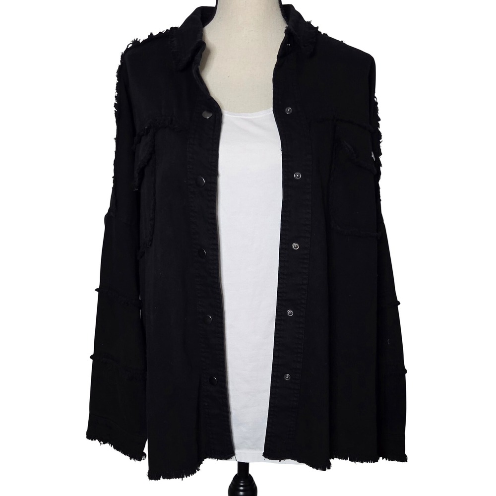 Elan Rock & Roll Black Distressed Denim Shirt Jacket Shacket Womens Size L NEW - Picture 6 of 10